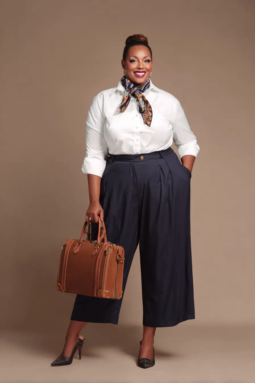 Button-Down Shirt + High-Waist Culottes + Silk Scarf