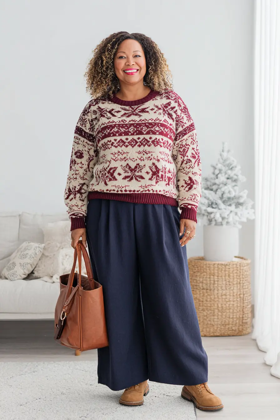 Fair Isle Sweater + Wide-Leg Pants