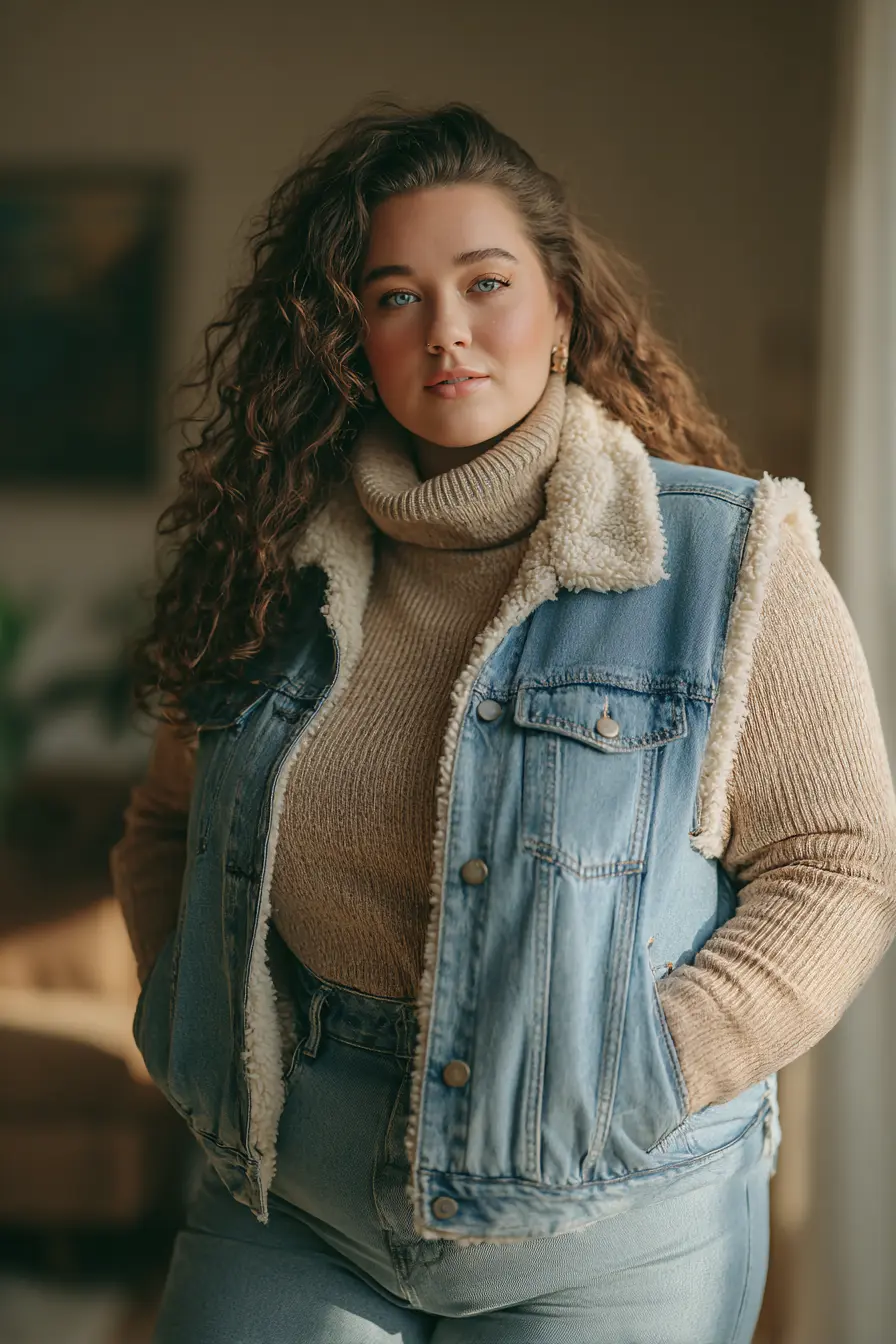 Sherpa-Lined Denim Vest + Turtleneck Cozy Layering