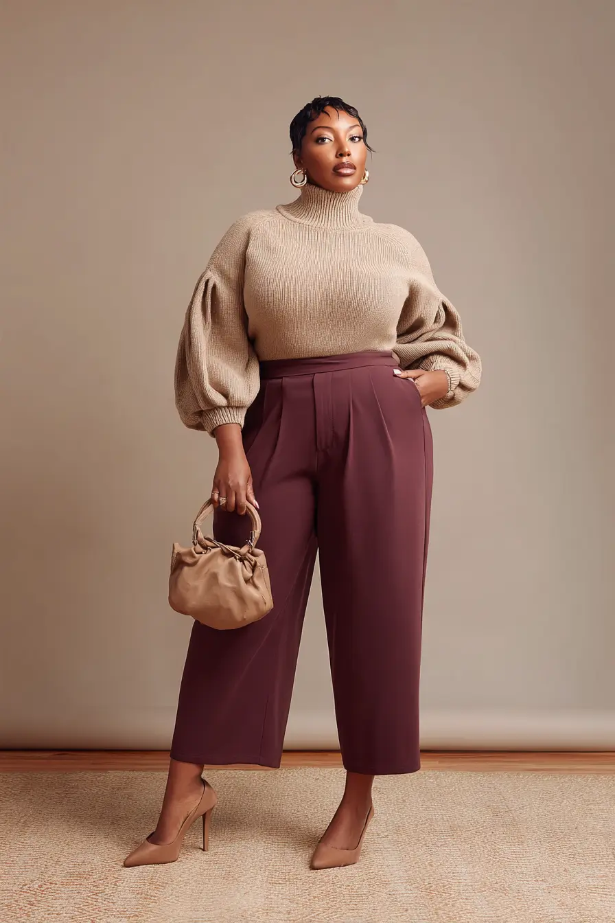 Puff-Sleeve Turtleneck Knit + Mulberry Cropped Trouser
