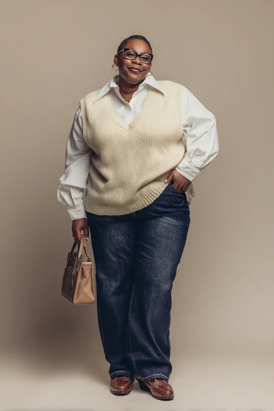 Cozy Sweater-Vest Layering + Dark Denim Structure