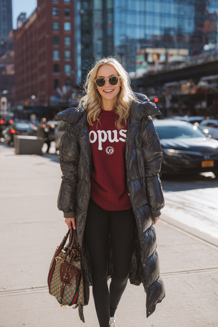 Long Puffer Coat with Casual Sweatshirt Combo