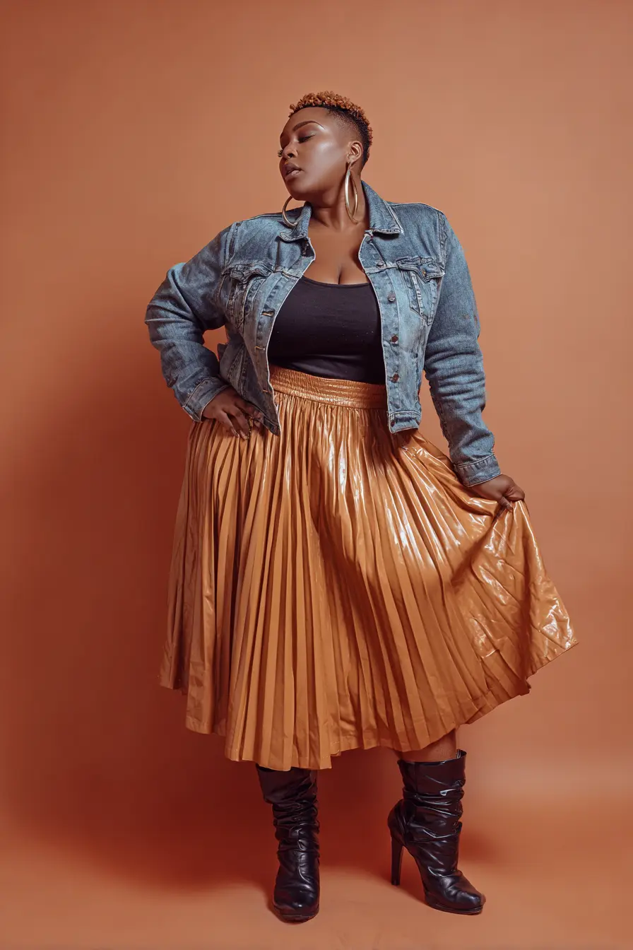 Denim Jacket + Caramel Faux-Leather Pleated Skirt