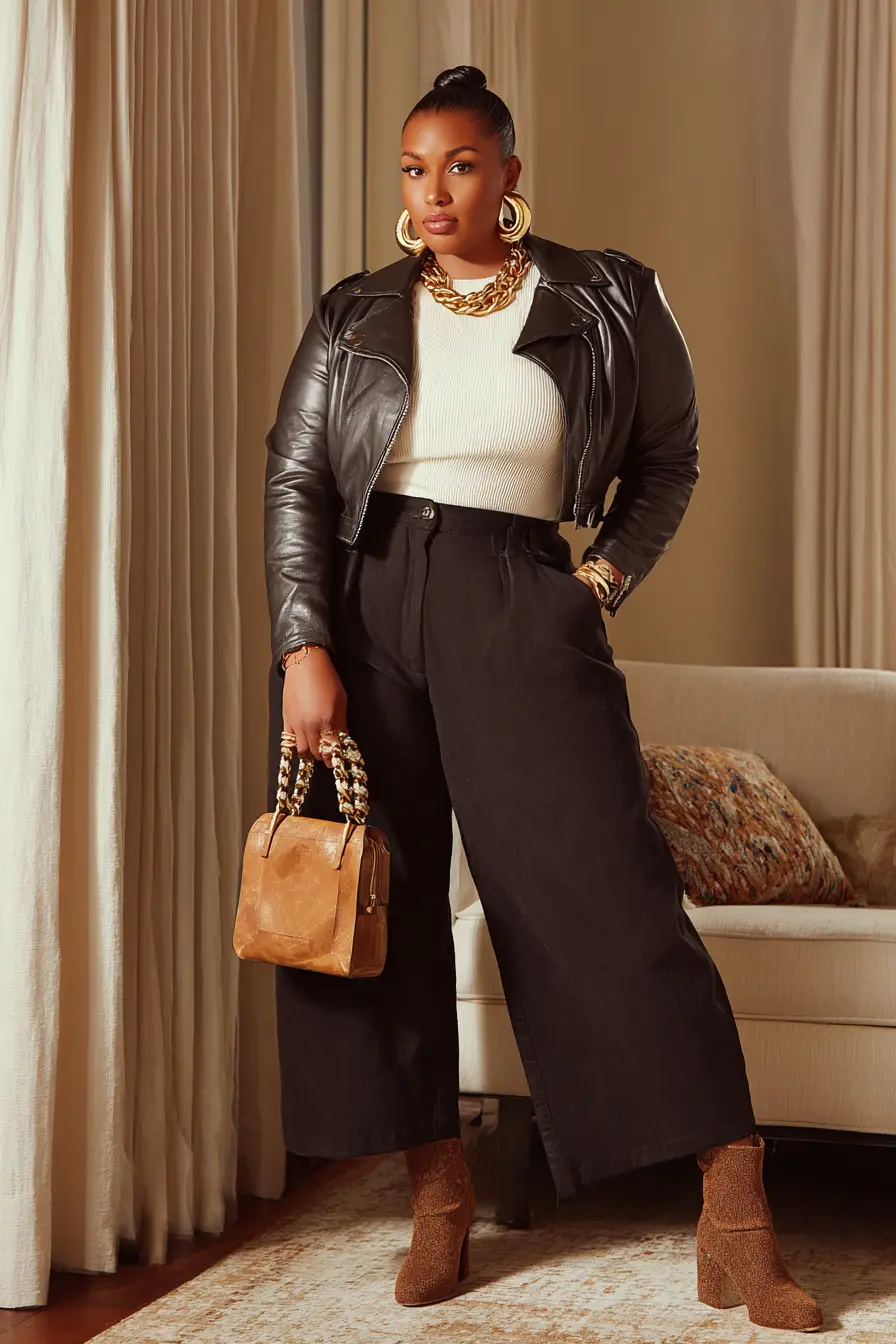 Cropped Leather Jacket + Wide-Leg Trousers