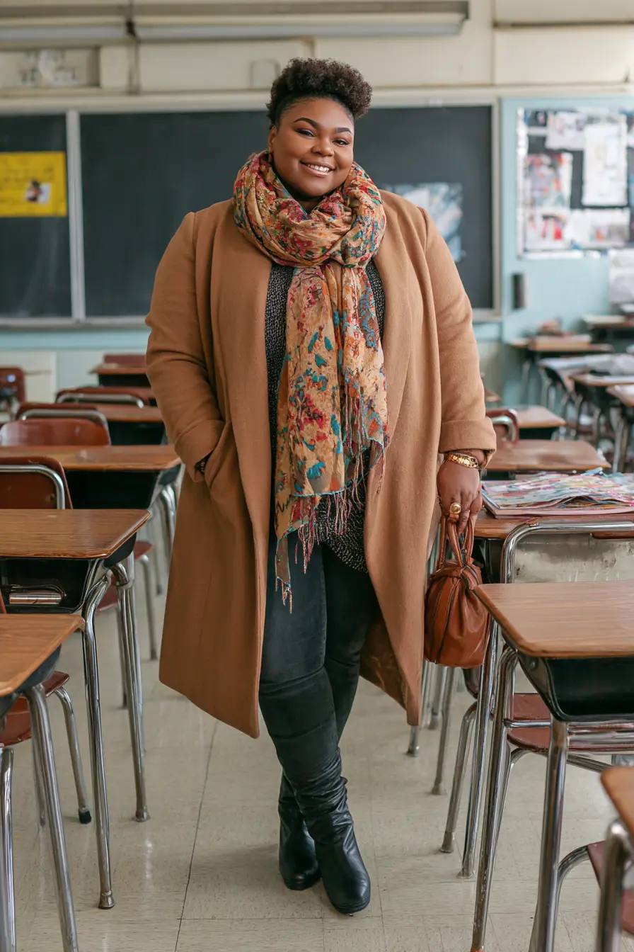 Camel Coat + Patterned Scarf