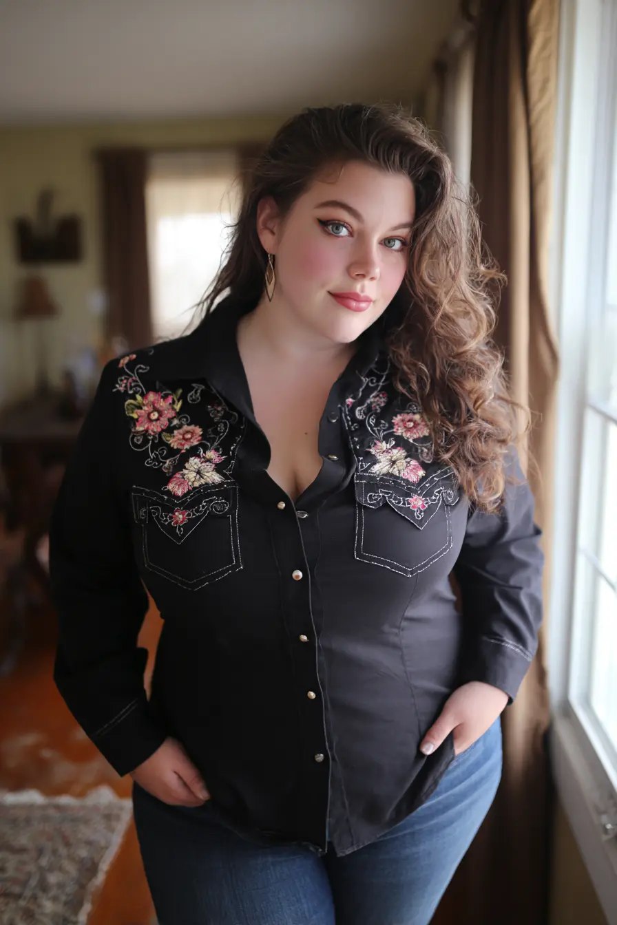 Embroidered Western Shirt + Dark Wash Denim