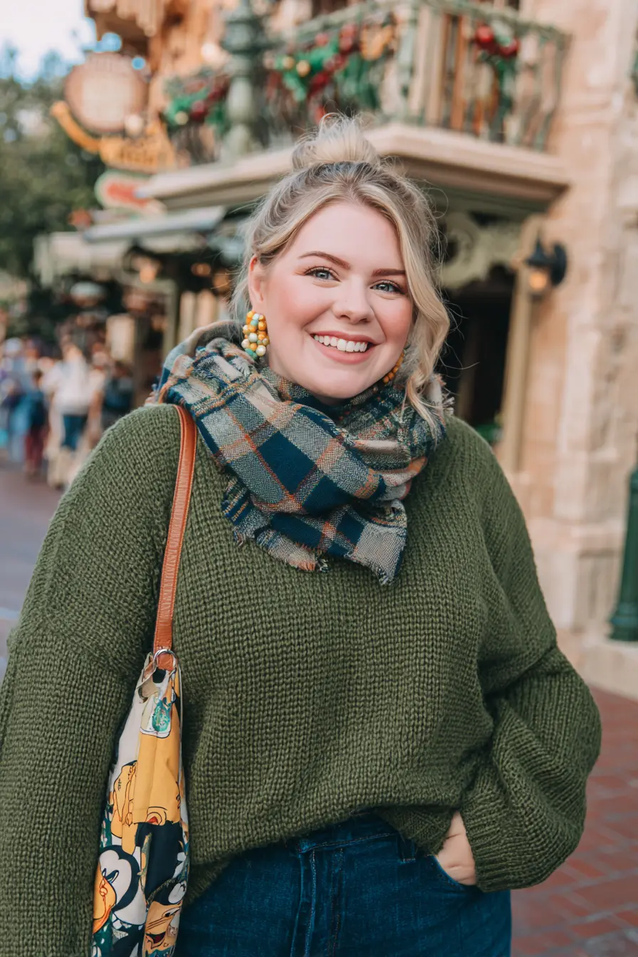Olive Chunky Sweater + Plaid Scarf Layer