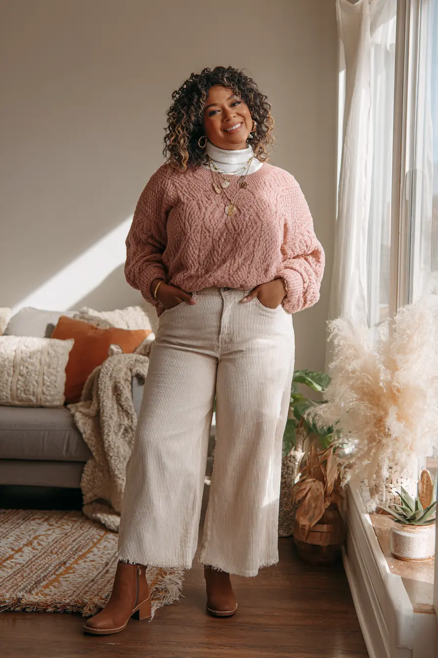 Textured Sweater + Wide-Leg Corduroy Pants