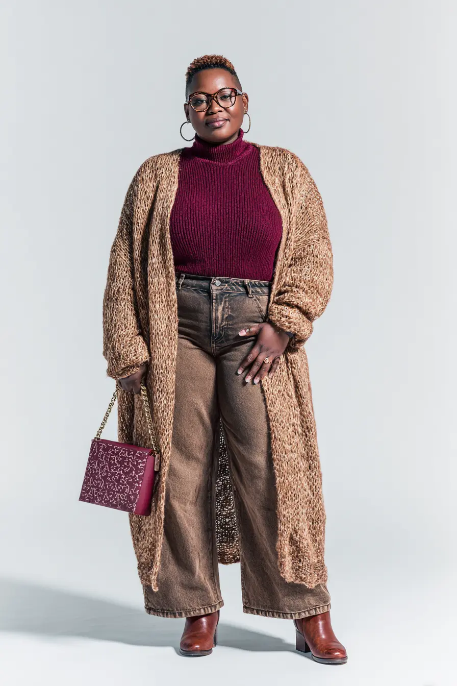 Chunky Knit Duster + Ribbed Burgundy Turtleneck