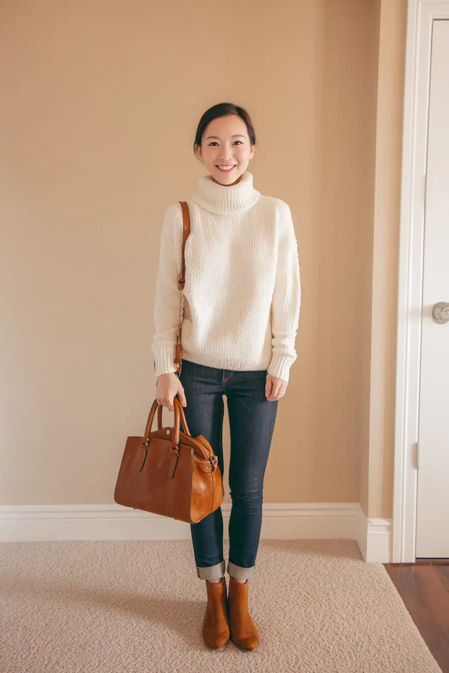 Cream Turtleneck Knit + Cuffed Dark Denim