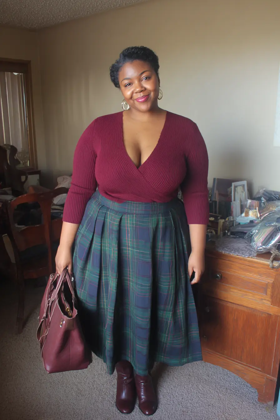 Wrap Sweater + Plaid Midi Skirt