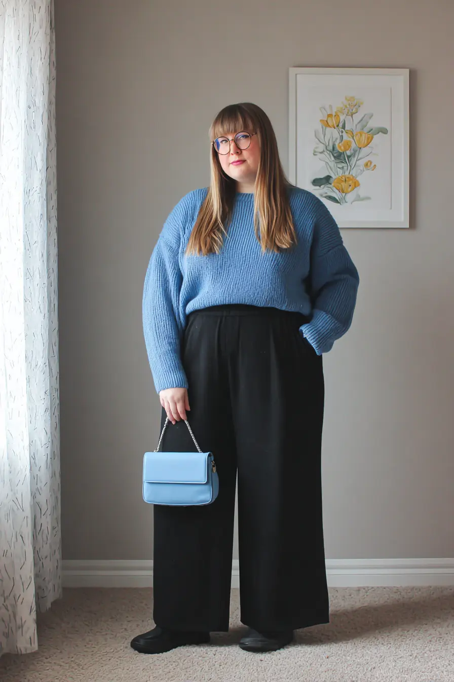 Blue Knit Sweater + Black Palazzo Pants