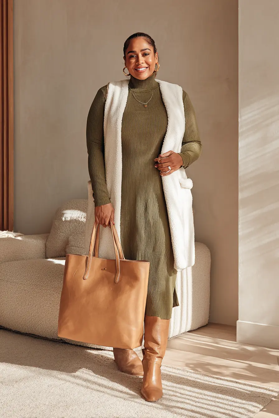 Ribbed Midi Dress + Shearling Vest