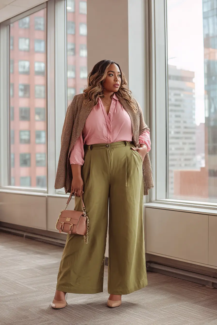 Coral Button Blouse + Olive Wide-Leg Trouser