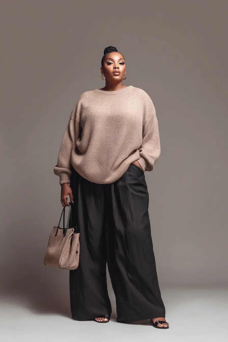 Caramel Knit Sweater + Flowing Black Trousers
