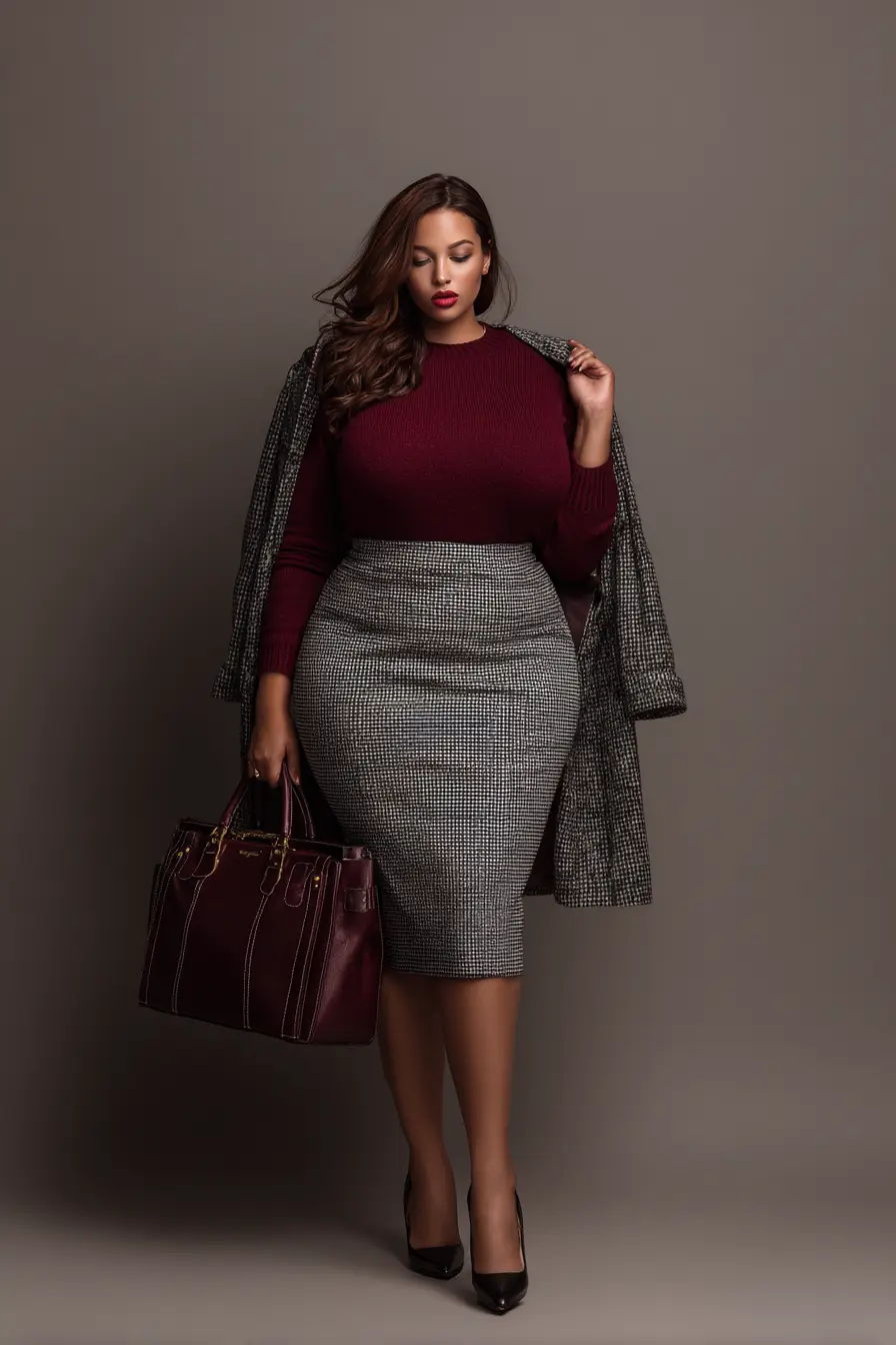 Burgundy Ribbed Knit + Gray Houndstooth Wool Skirt
