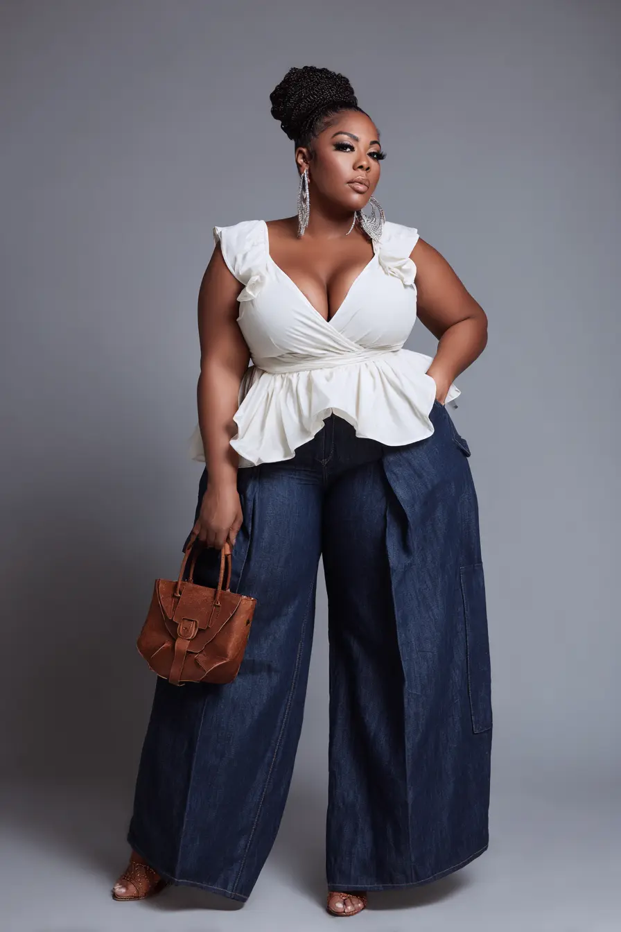 Ruffled Wrap Peplum Top + Dark Wide-Leg Denim