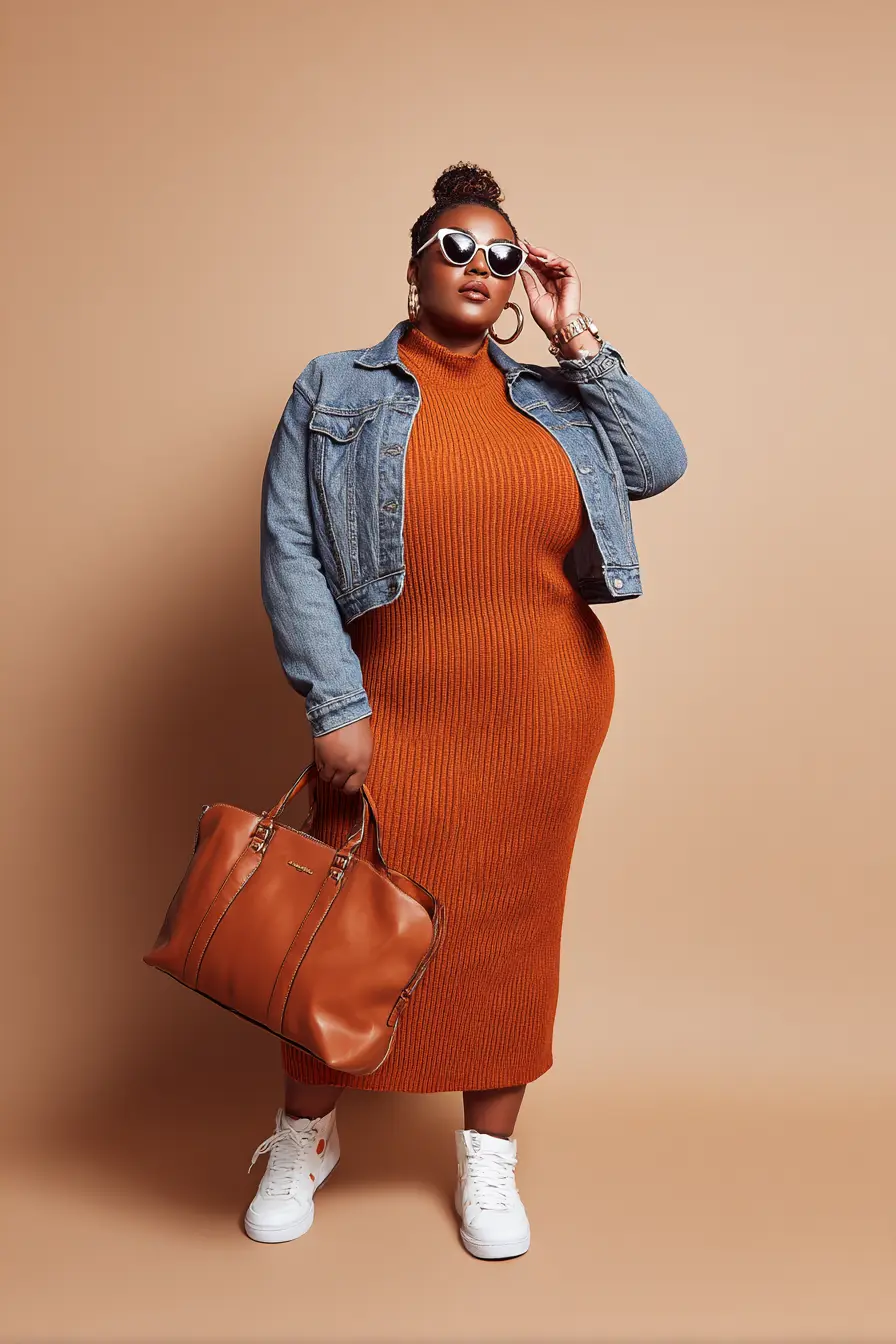 Cropped Denim Jacket Structure + Ribbed Midi Dress Shape