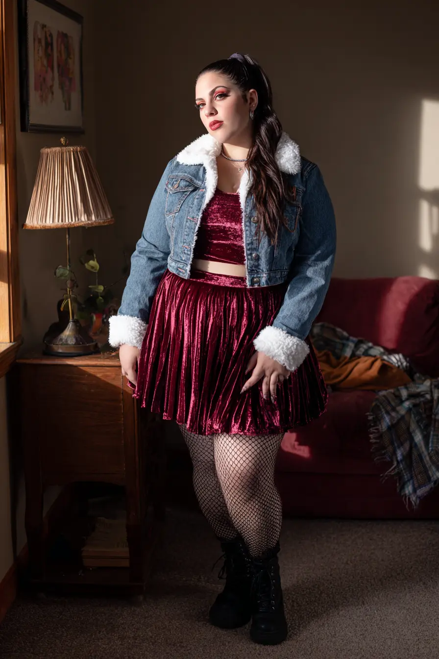 Cropped Denim Jacket + Pleated Velvet Skirt