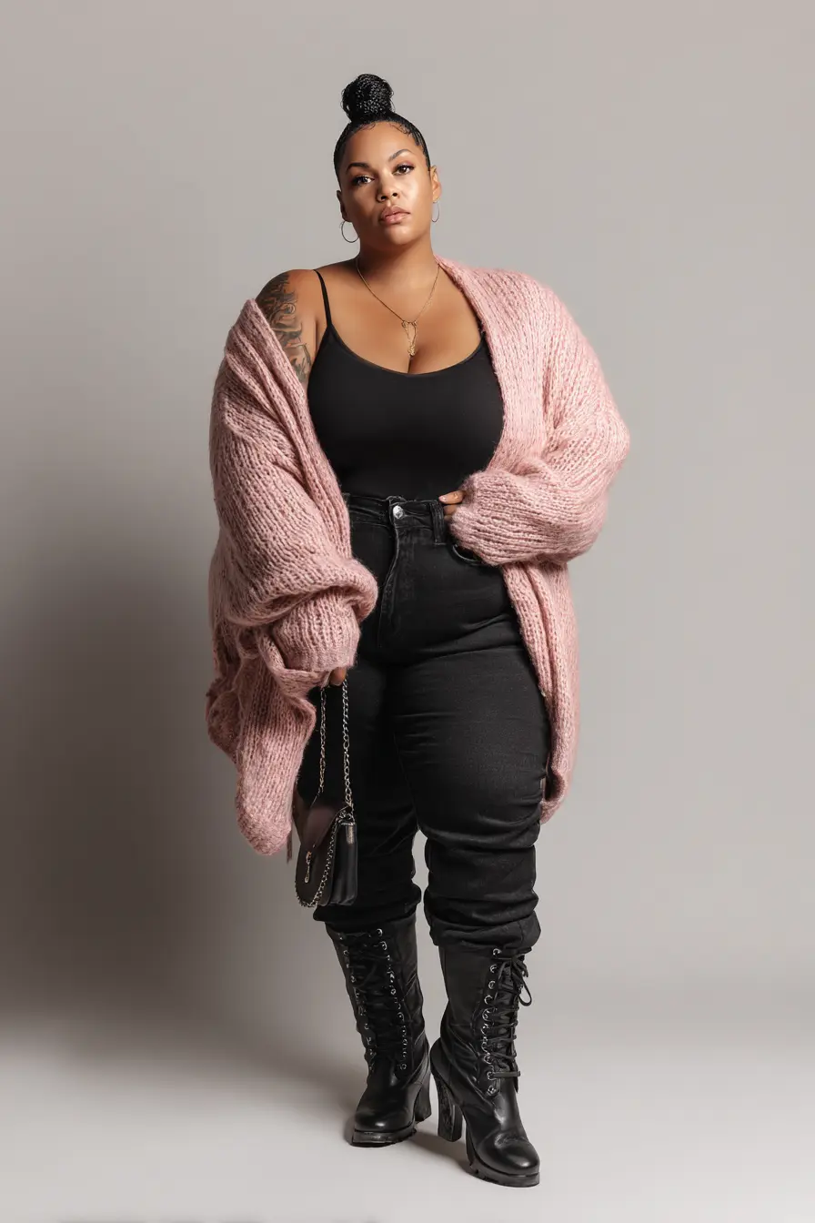 Chunky Knit Cardigan + High-Rise Jeans and Lace-Up Boots