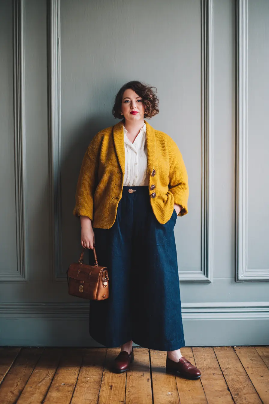 Mustard Cardigan + Wide-Leg Trousers