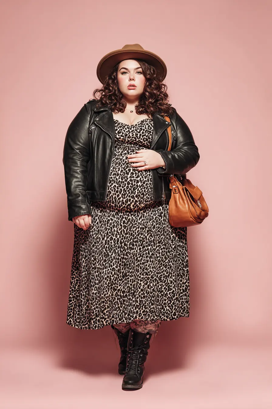 Leather Jacket + Leopard Midi Dress