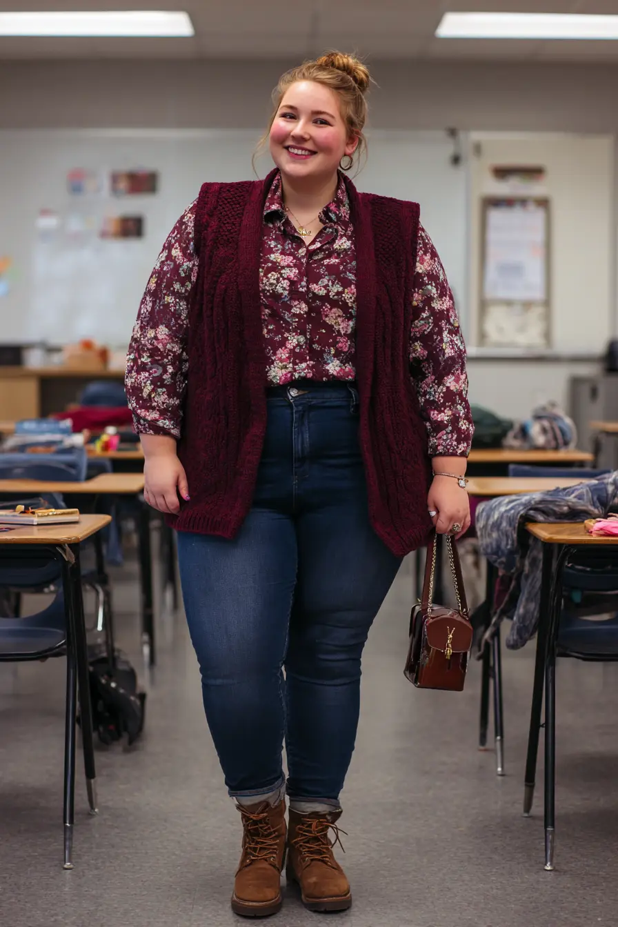 Printed Blouse + Chunky Knit Vest