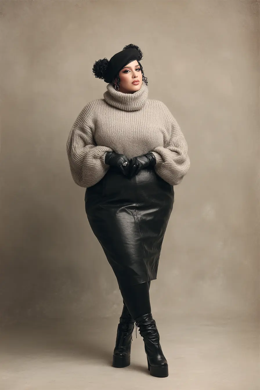 Chunky Turtleneck Sweater + Leather Pencil Skirt