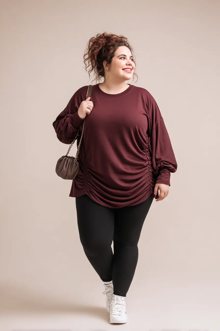 Ruched Burgundy Tunic + Black Leggings