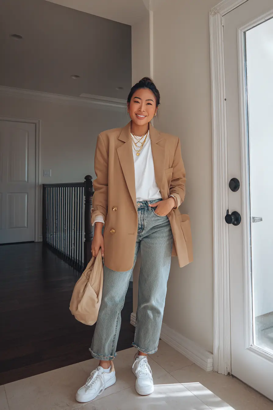 Camel Oversized Blazer + Light-Wash Straight Jeans