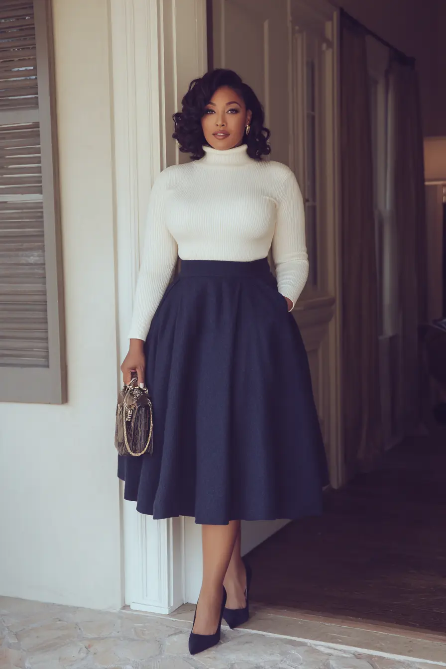 Cream Turtleneck + Navy Full Midi Skirt