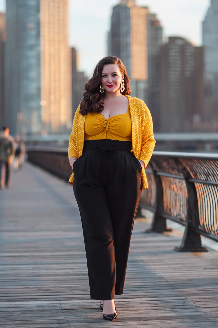 Cropped Cardigan + Ruched Top + High-Waist Pants