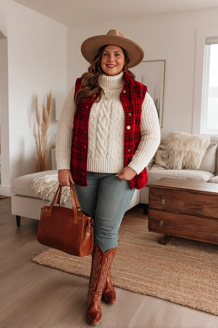Plaid Utility Vest + Cable Knit Sweater Layers
