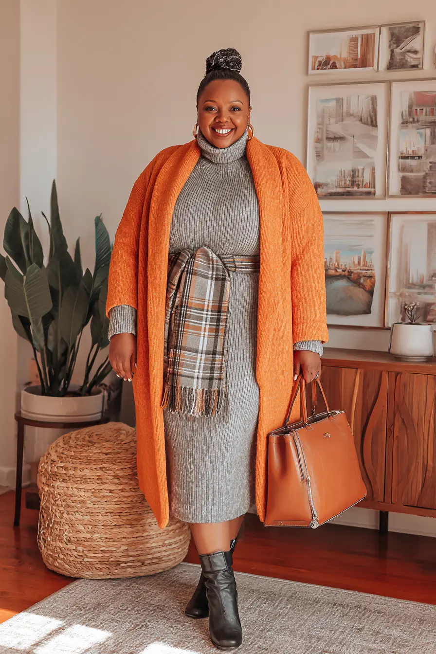 Bright Coat + Ribbed Knit Dress Layers