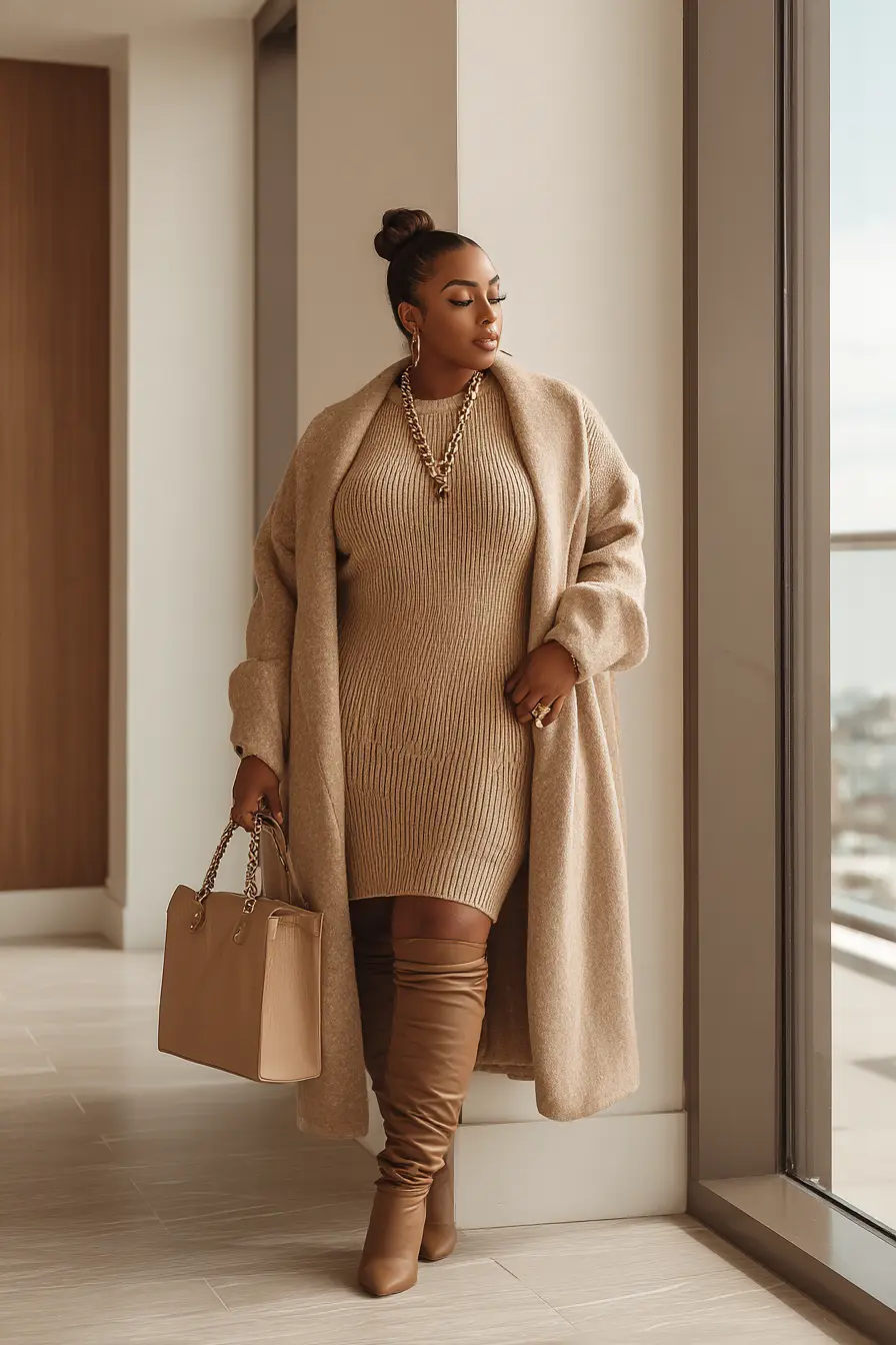 Taupe Sweater Dress + Wool Maxi Coat