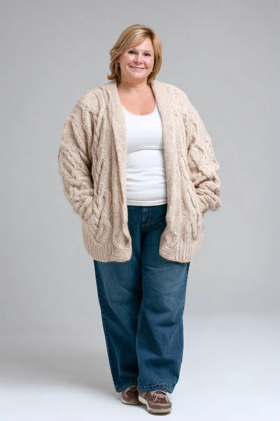 Chunky Cable-Knit Cardigan + Straight-Leg Jeans