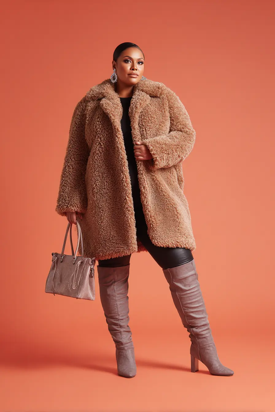 Teddy Coat + Thigh-High Boots