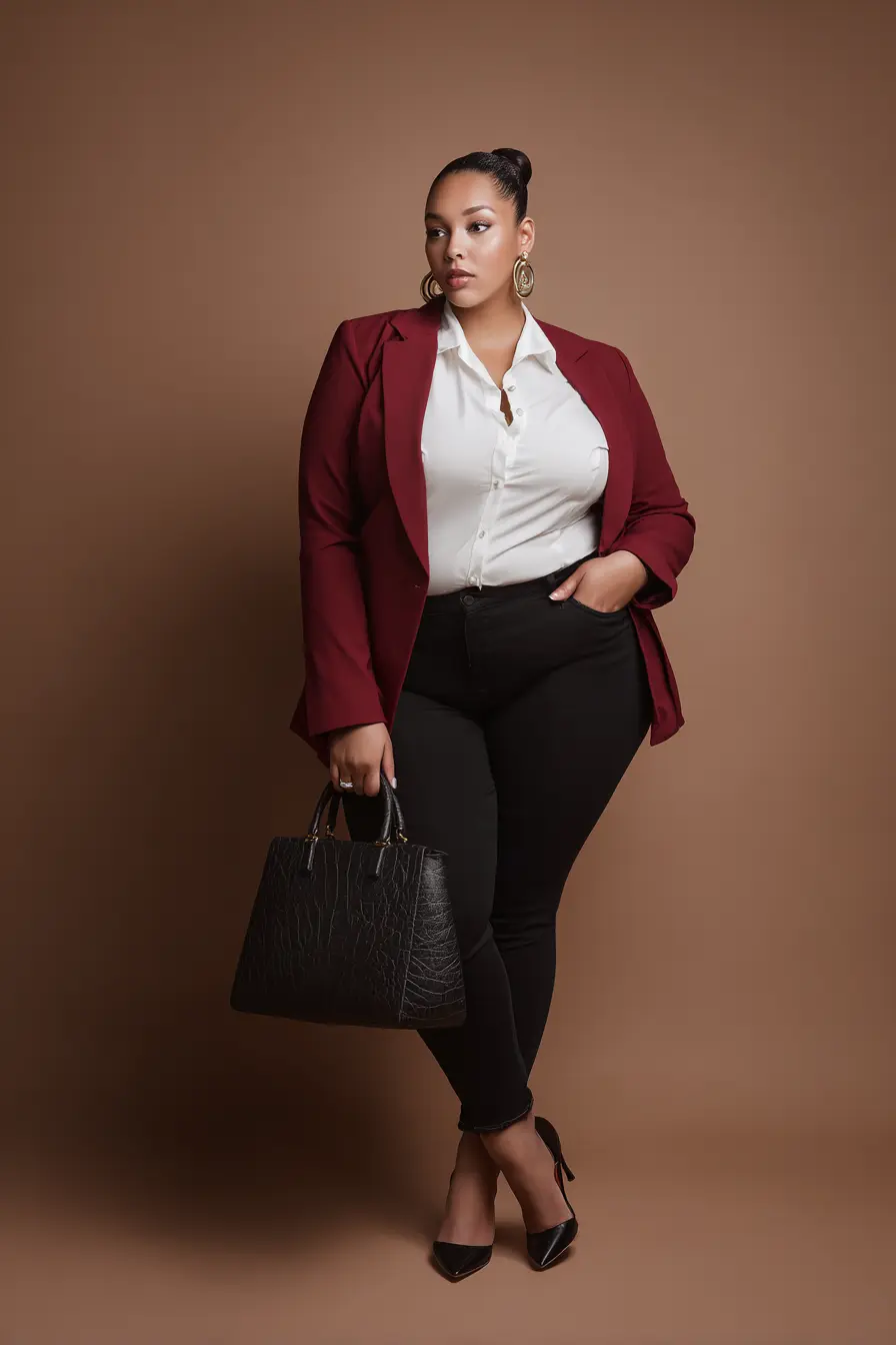 Maroon Blazer Layering + Sleek Black Pants