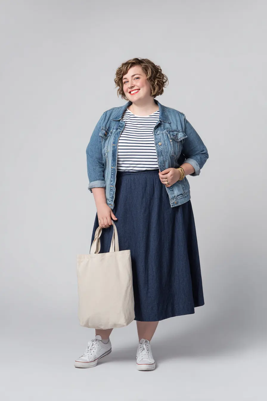 Striped Tee + Navy Corduroy A-Line Skirt