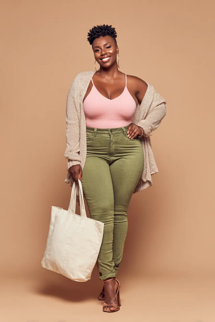 Slouchy Knit Cardigan Ease + High-Rise Olive Pants