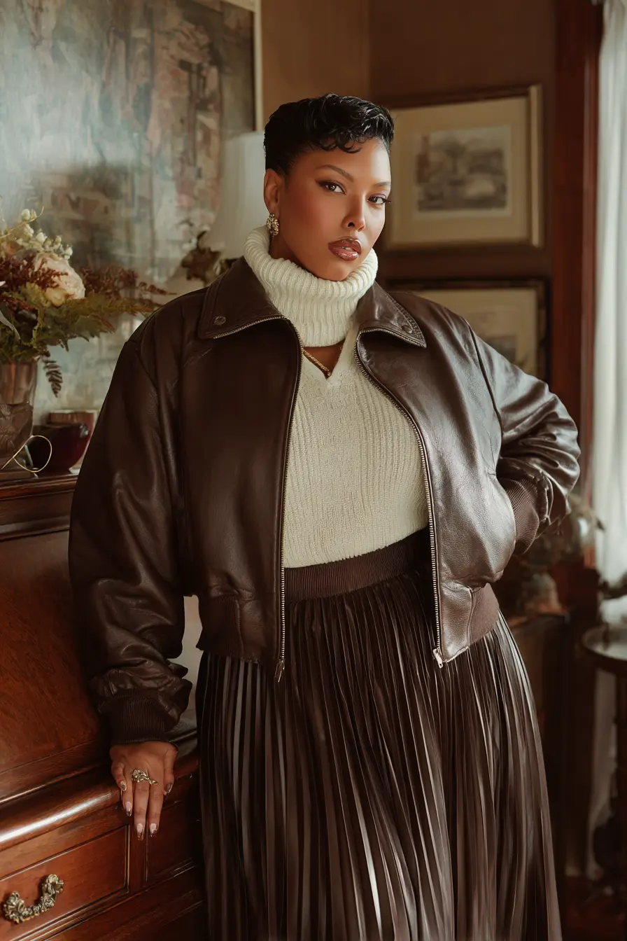 Cropped Leather Jacket + Pleated Midi Skirt