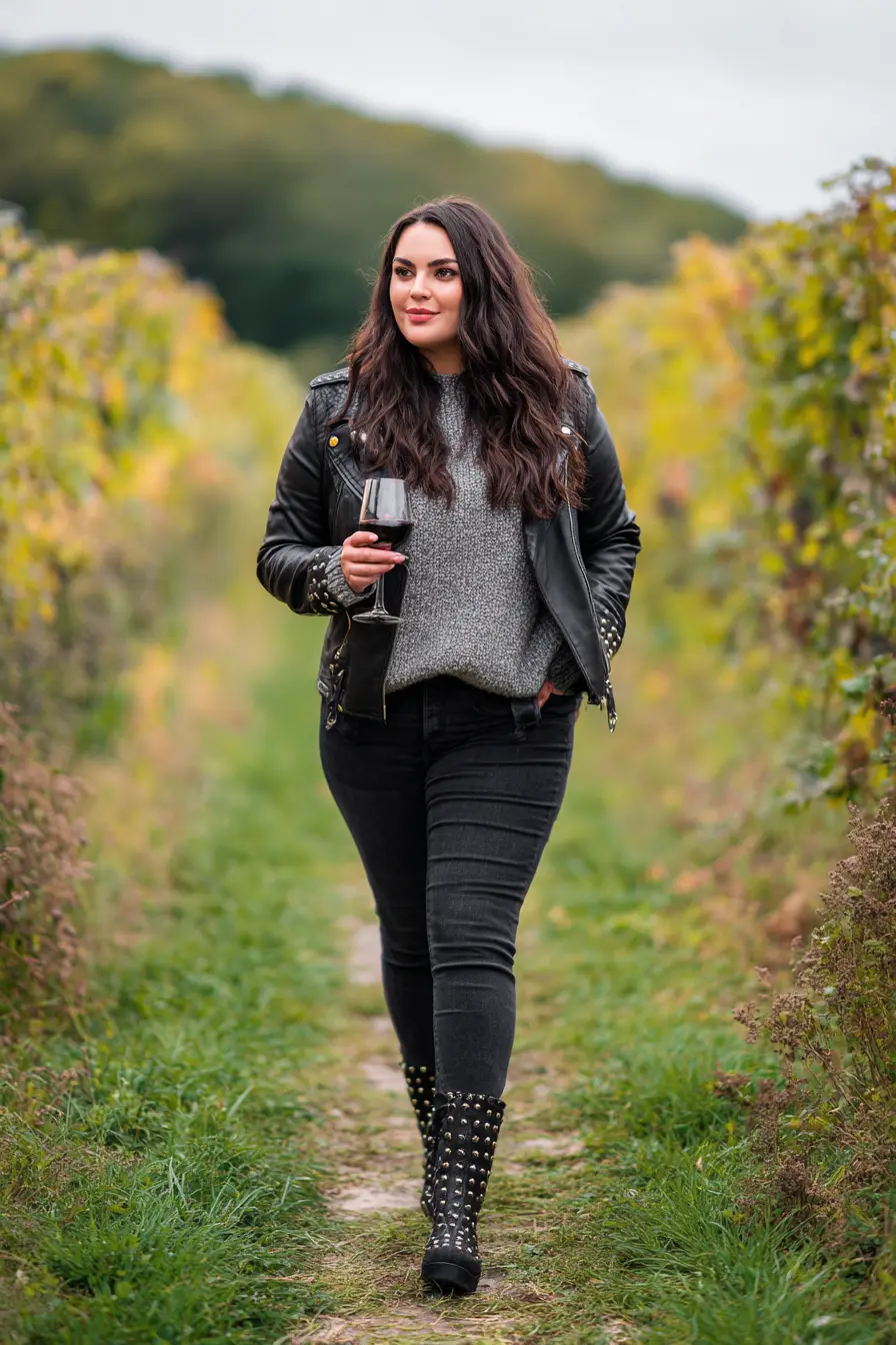 Studded Leather Jacket + Charcoal Sweater