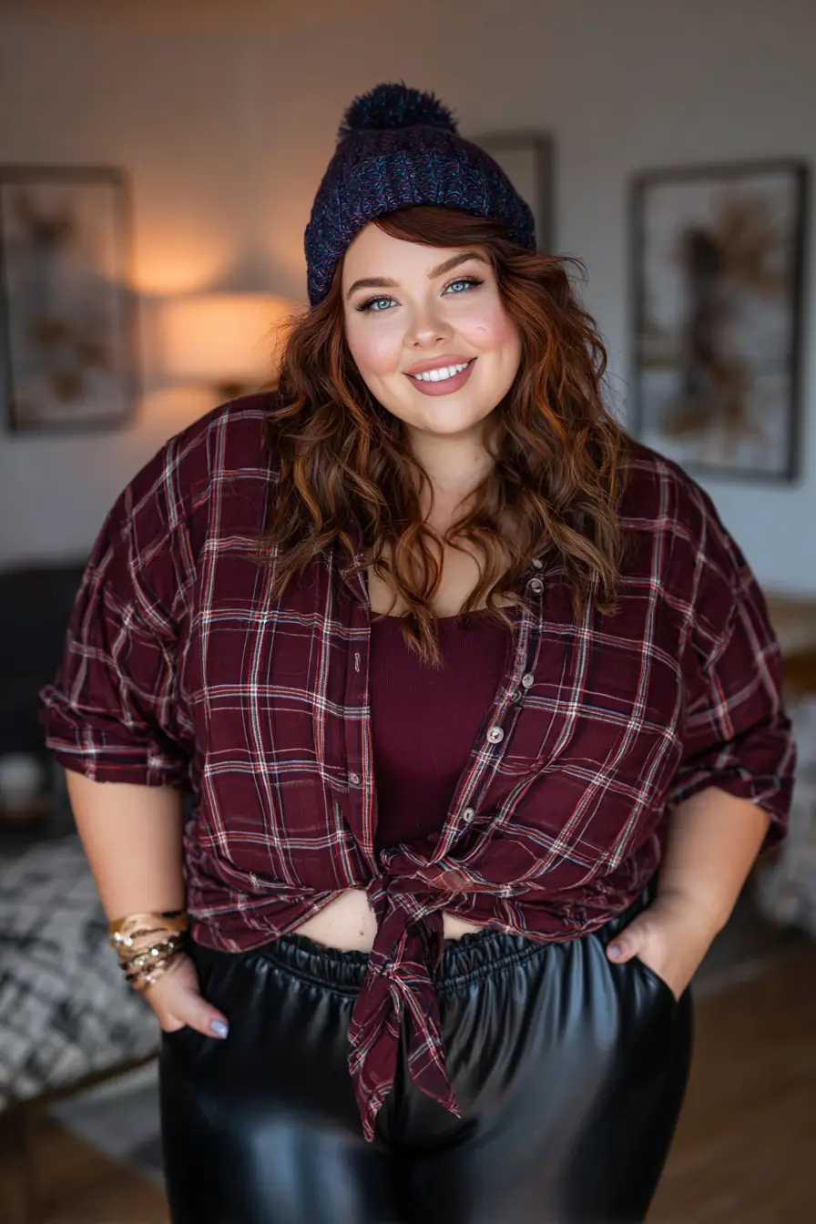 Plaid Shirt + Faux Leather Pants