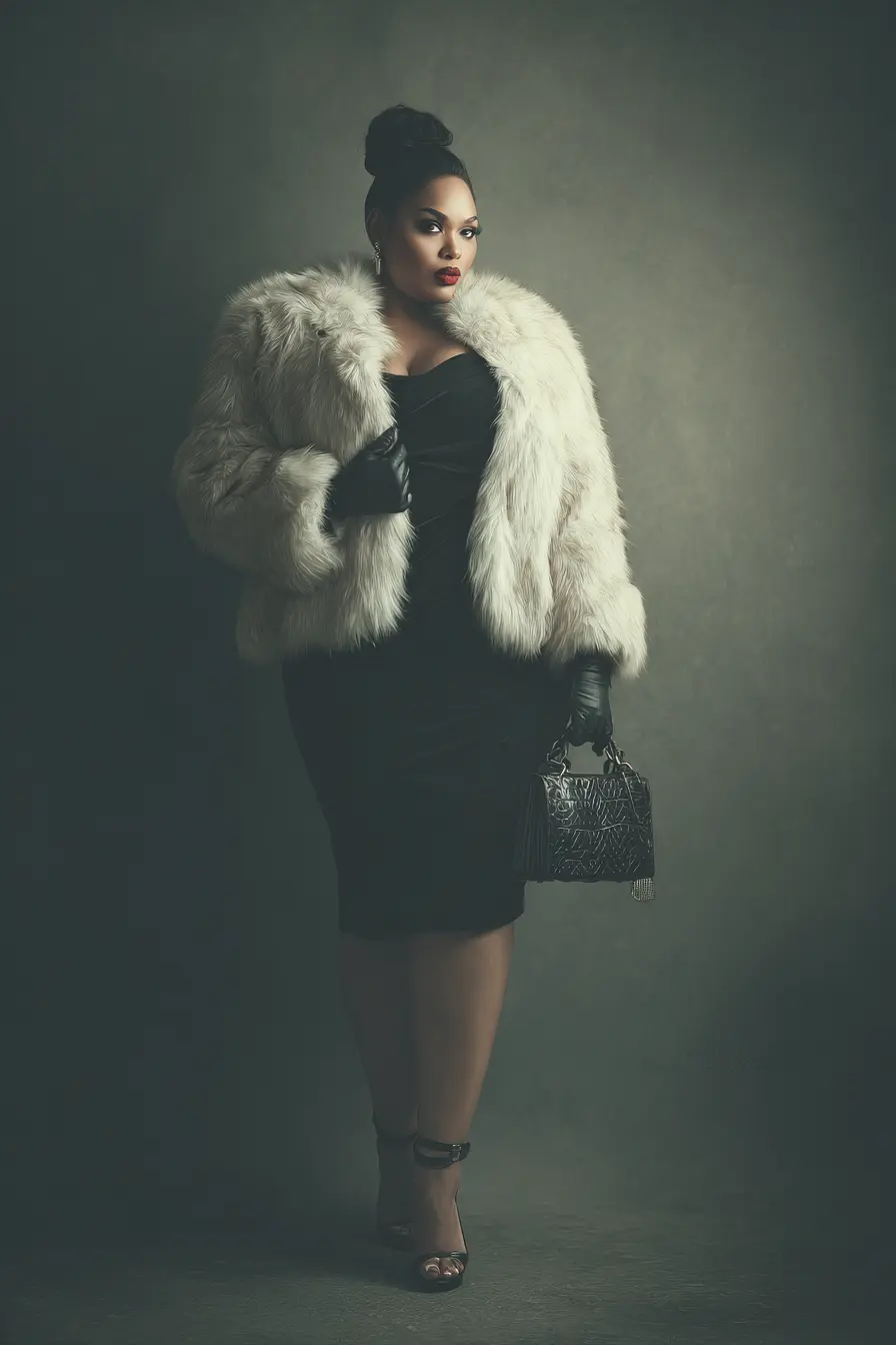 Faux Fur Jacket + Fitted Black Midi Dress