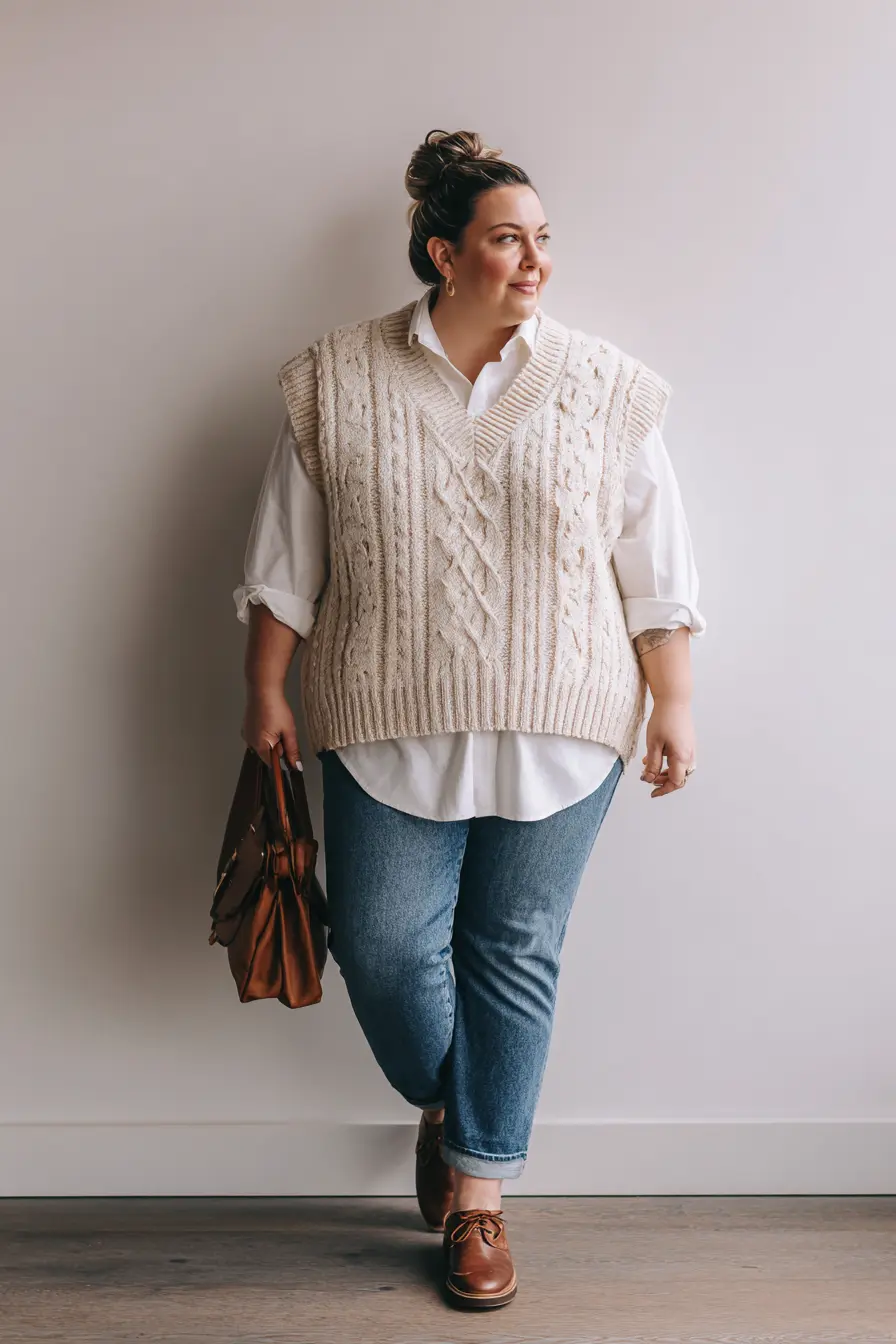 Cable-Knit Sweater Vest + Crisp White Shirt