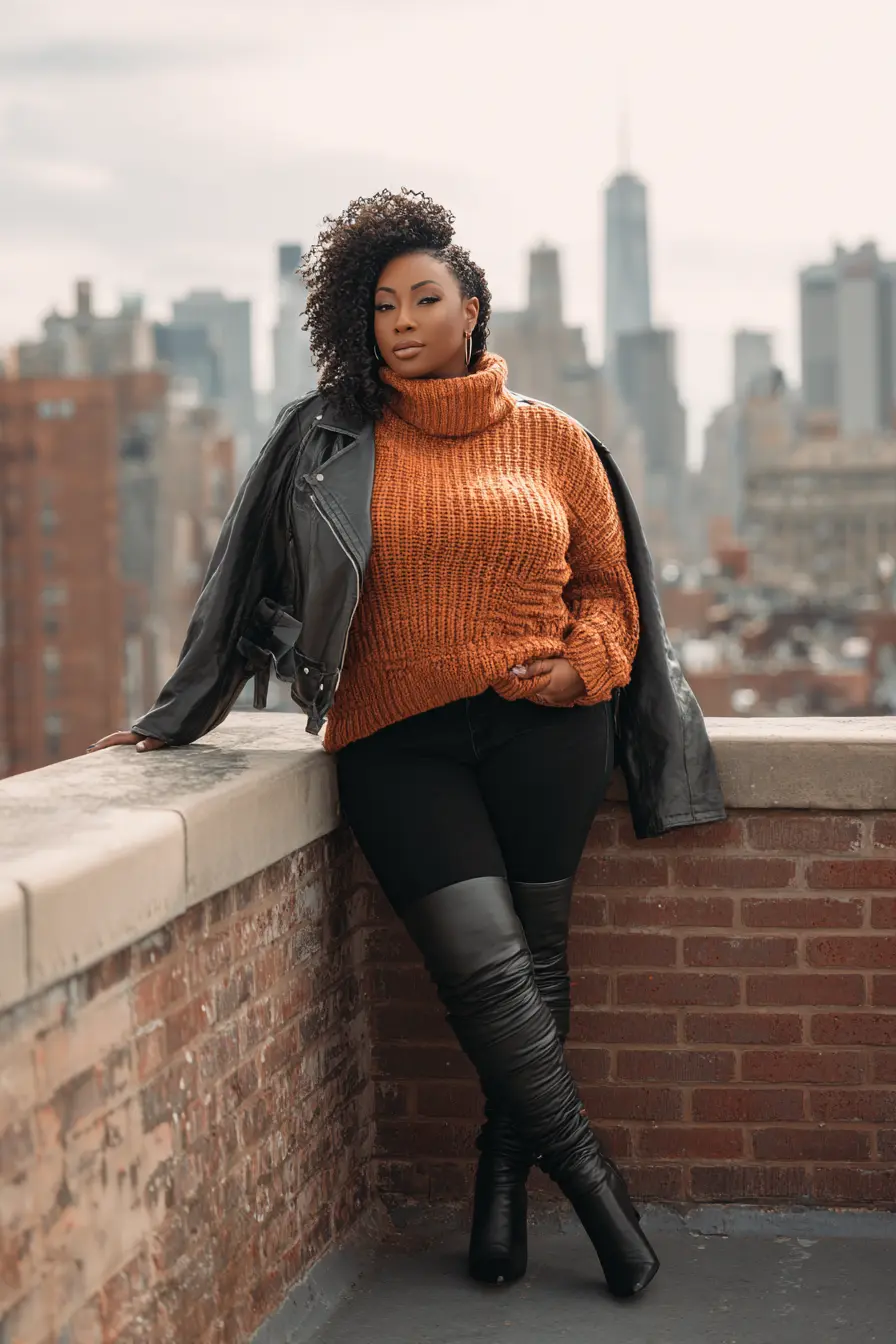 Chunky Turtleneck Sweater + Leather Jacket + Over-the-Knee Boots