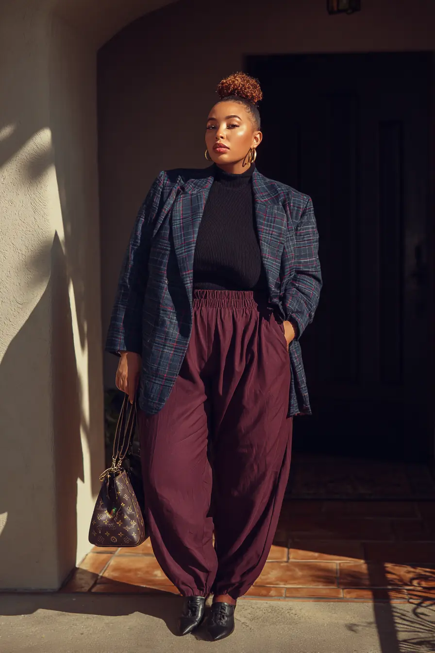 Plaid Blazer + Wide-Leg Pants Drama