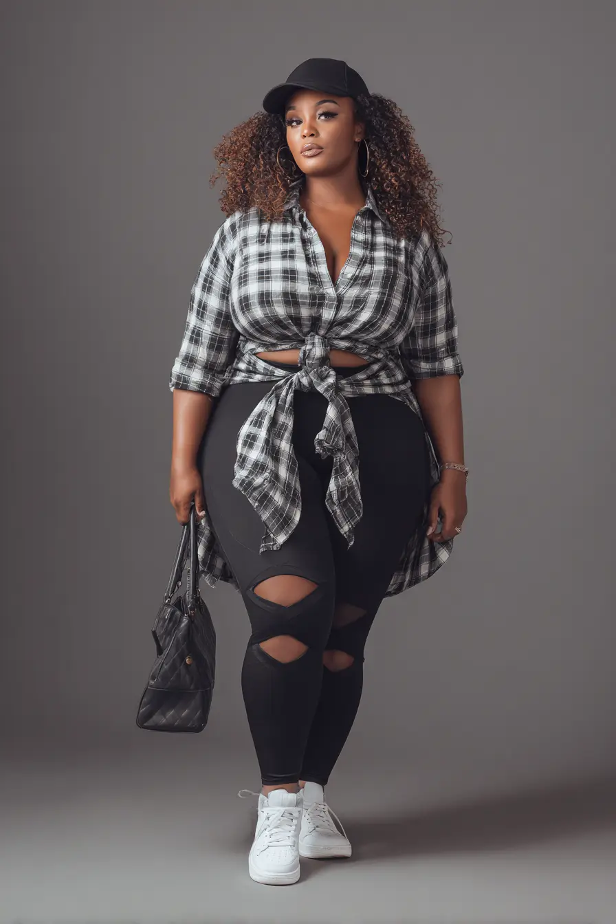Plaid Shirt + Cutout Leggings Street Twist