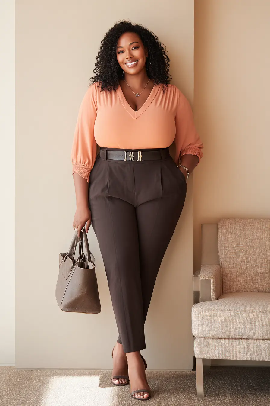 Terracotta V-Neck Blouse + Chocolate Slim Trouser