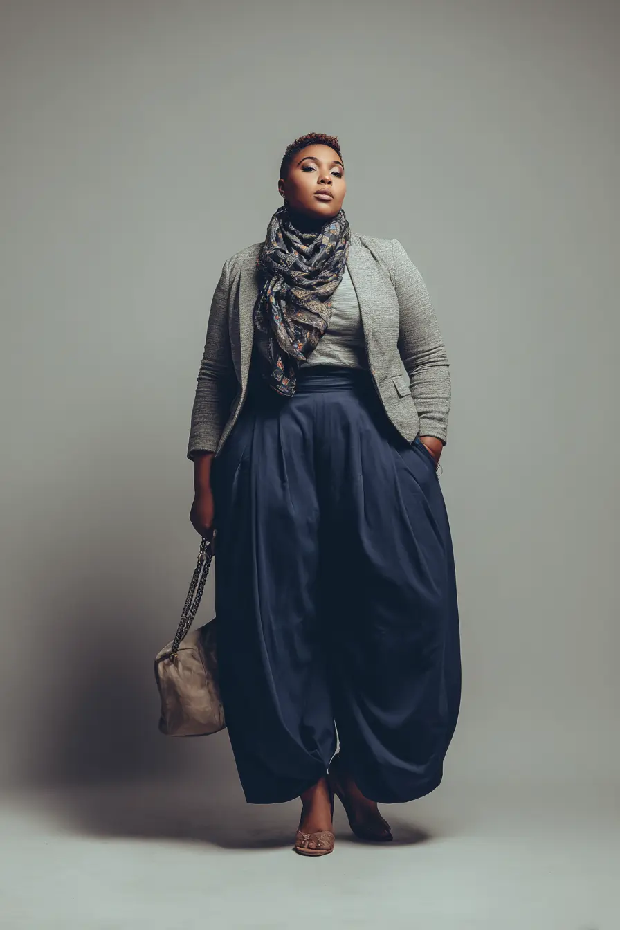 Knit Blazer Layered Over Voluminous Trousers